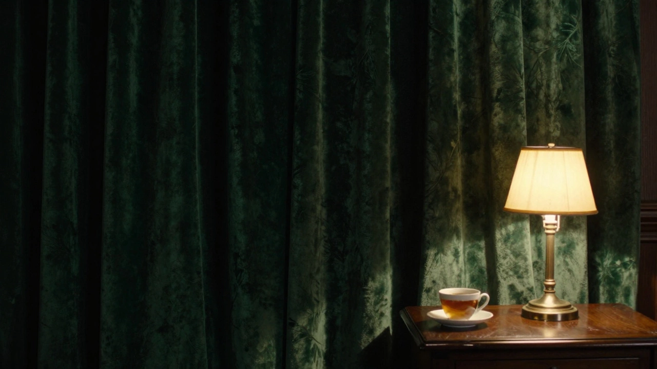 Deep forest green velvet curtains in a moody, private library setting