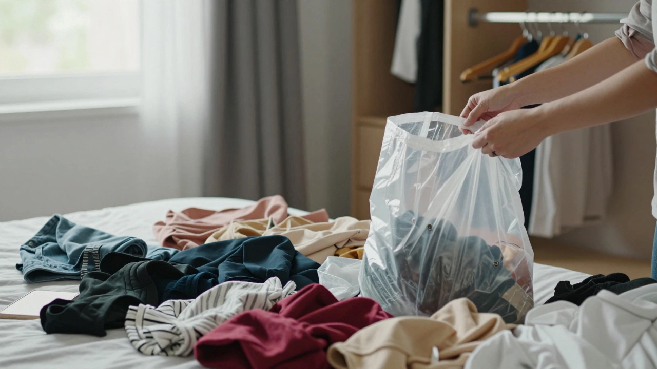 Hands sorting through clothes on a bed into donation bags during a wardrobe purge.