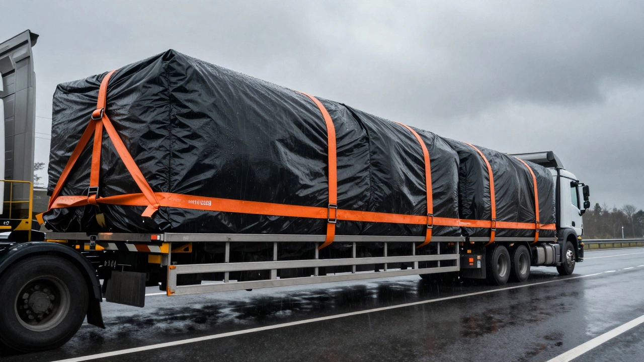 Heavy-duty orange straps securing industrial machinery to a trailer during transit