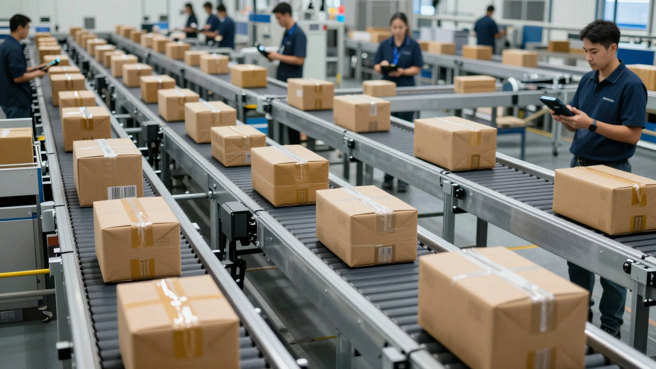 Individual parcels moving quickly on automated conveyor belts in a high-tech warehouse.
