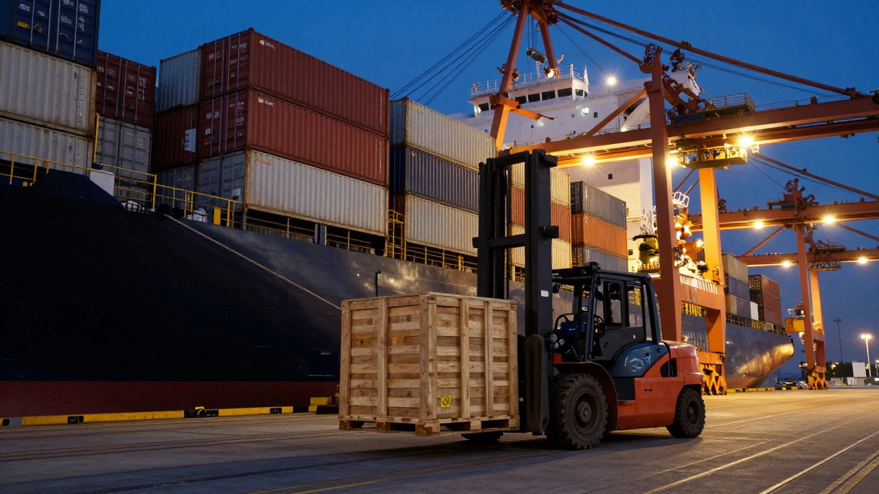 Large shipping containers and a cargo ship at an industrial port during twilight.