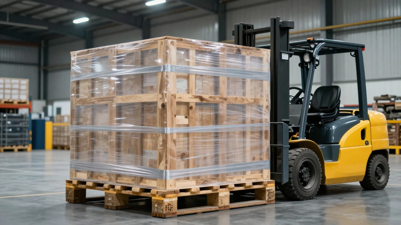 Large wooden crate wrapped in plastic on a pallet in a warehouse