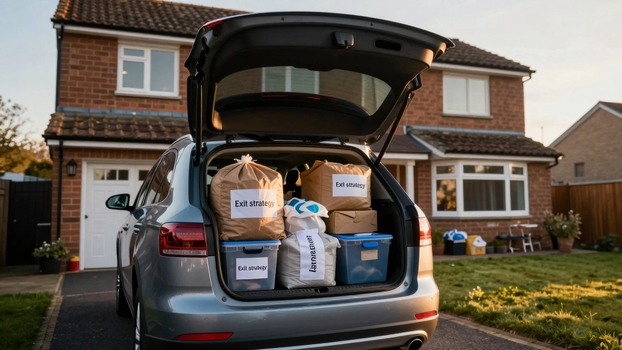 Open car boot filled with donation bags and plastic totes in a residential driveway.