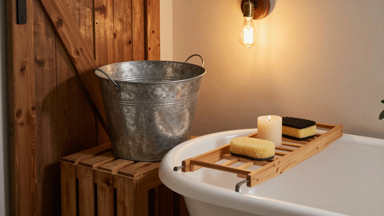 Rustic bathroom details with a galvanized steel bucket, wooden crate, and a barn door under warm golden lighting.