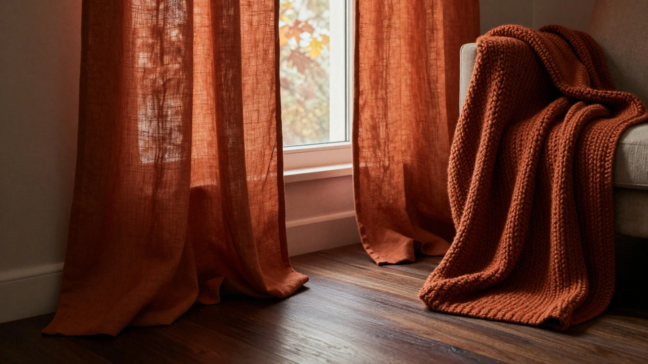 Terracotta linen curtains puddling on a floor next to a chunky knit throw