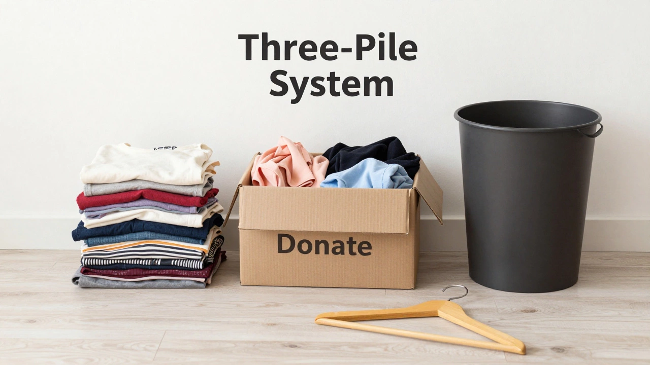 Three organized piles of clothing on a floor labeled as keep, donate, and trash.