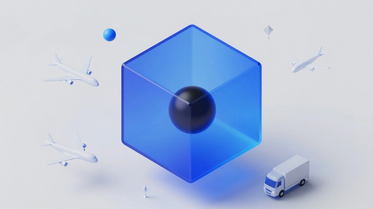3D illustration showing a large empty cube versus a small heavy sphere