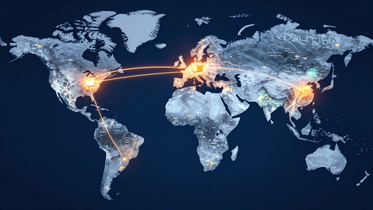 Abstract digital map showing global package tracking routes