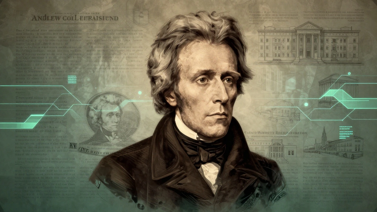 Artistic blend of Andrew Jackson's portrait with historical and modern economic symbols.