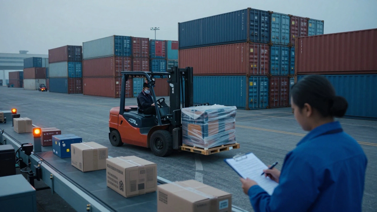 Busy international shipping port with containers and customs inspection