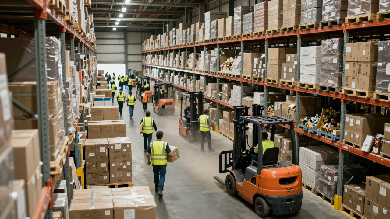 Busy warehouse scene with forklifts and workers rushing during peak holiday season.