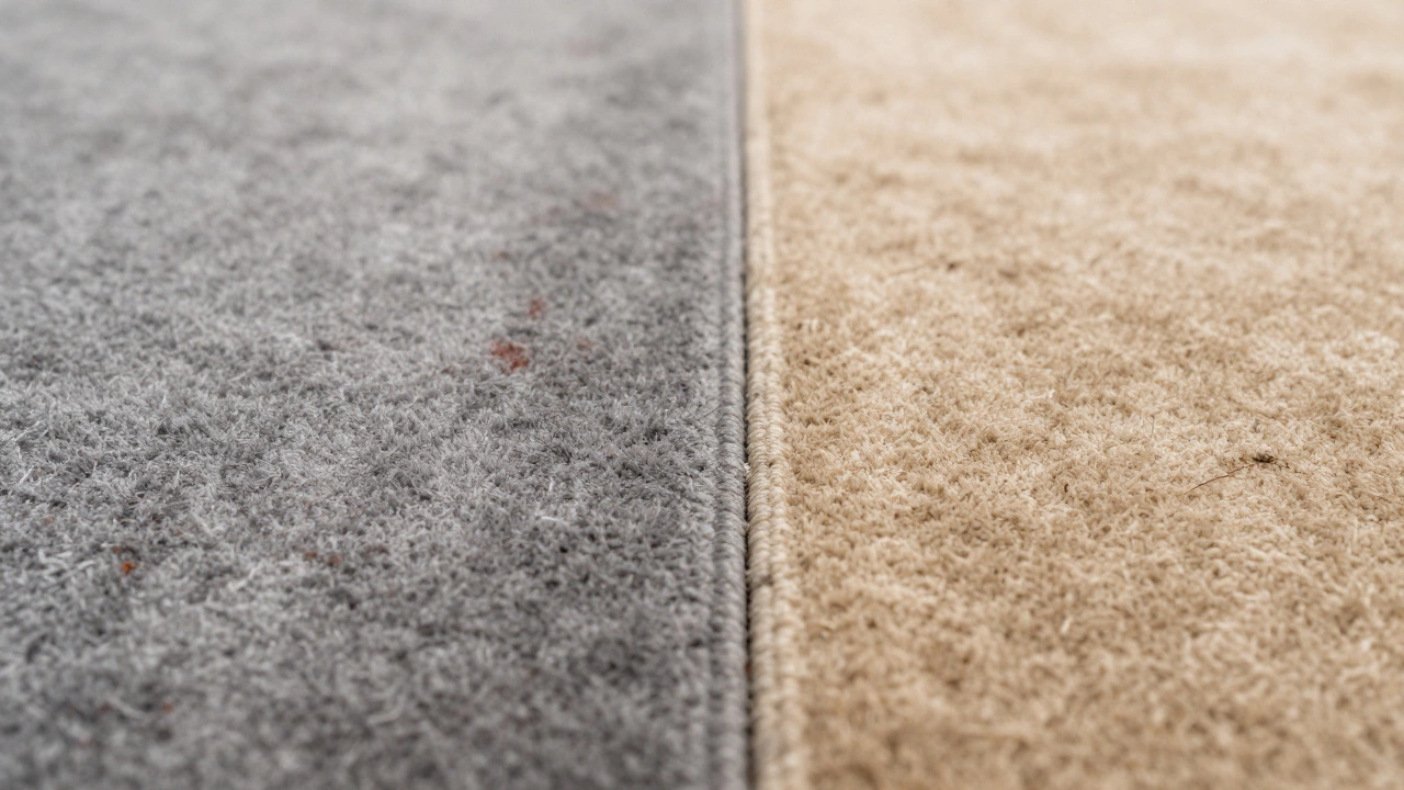 Close-up comparing dirty cool gray carpet versus clean warm beige carpet.