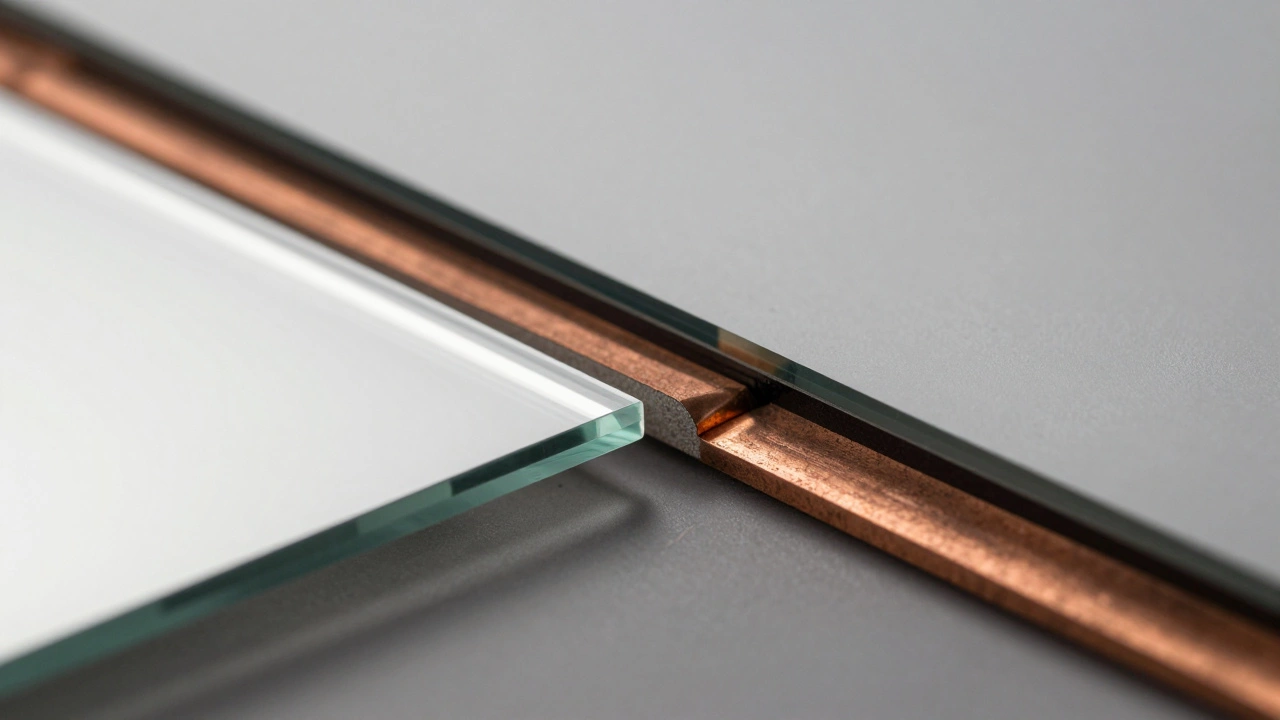 Cross-section of mirror glass showing layered protective backing