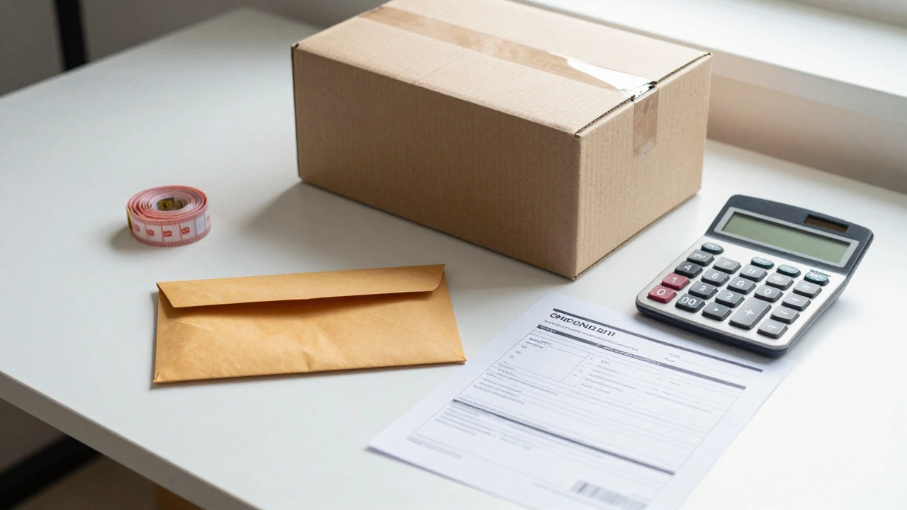 Desk with packaging materials and measuring tape for cost optimization