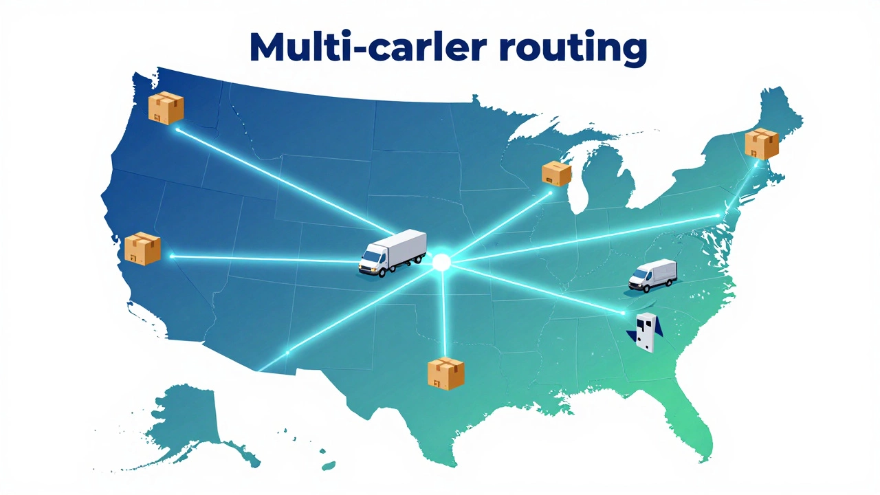 Digital map illustrating multi-carrier routing strategies across the US with data lines.