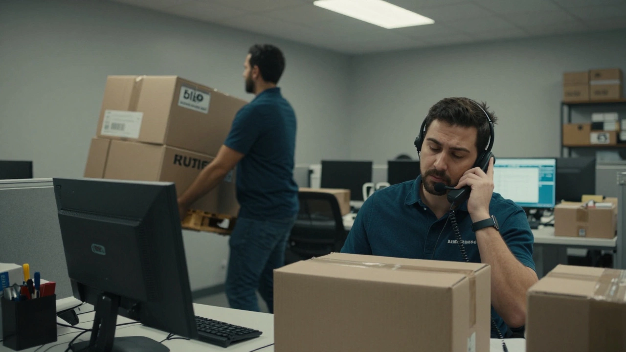 Exhausted employee packing returns in an office, diverted from sales duties