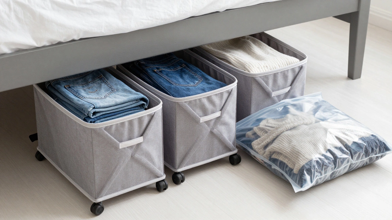 Fabric bins and vacuum bags storing clothes under a bed frame
