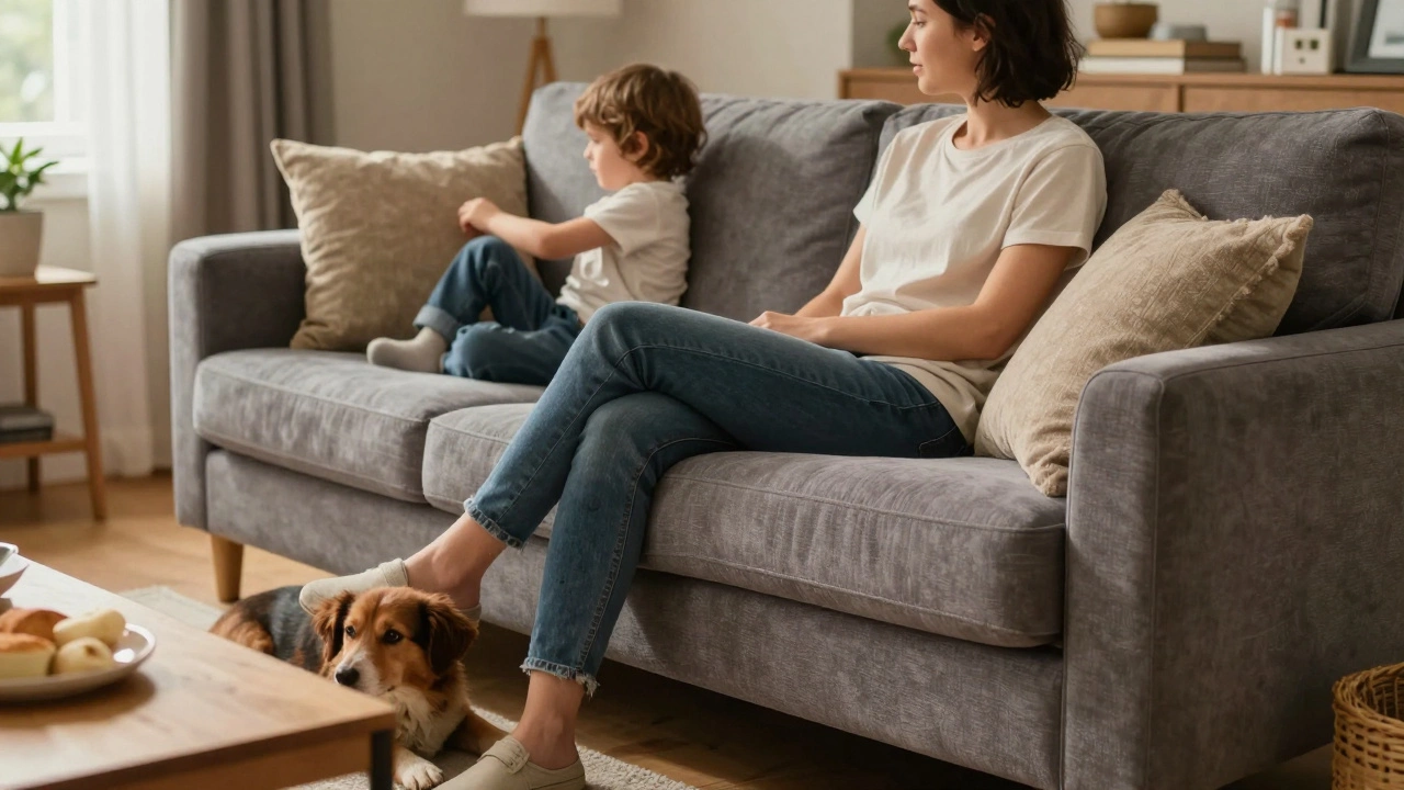 Family and pet relaxing on a durable, stain-resistant sofa