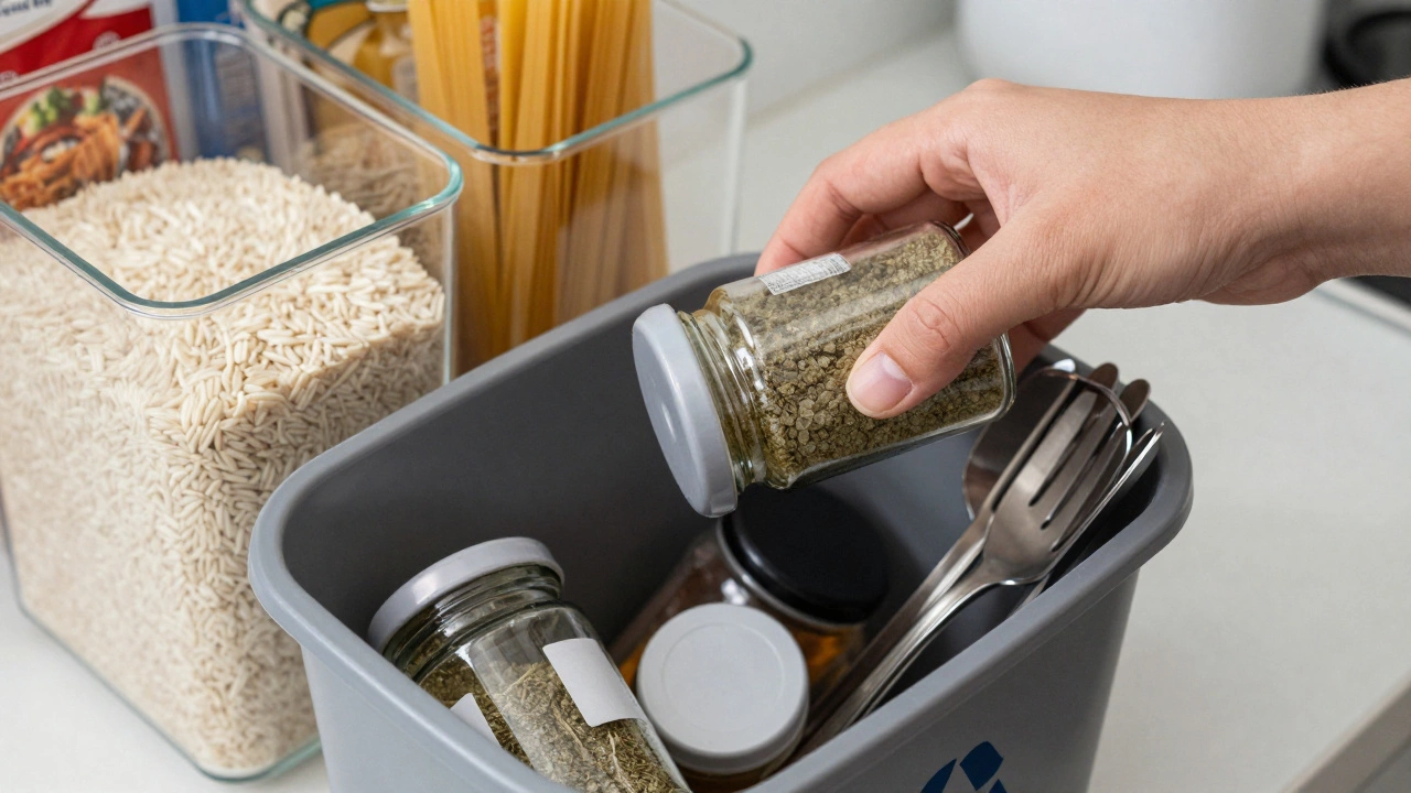 Hand discarding expired spices and organizing kitchen pantry items in clear bins.