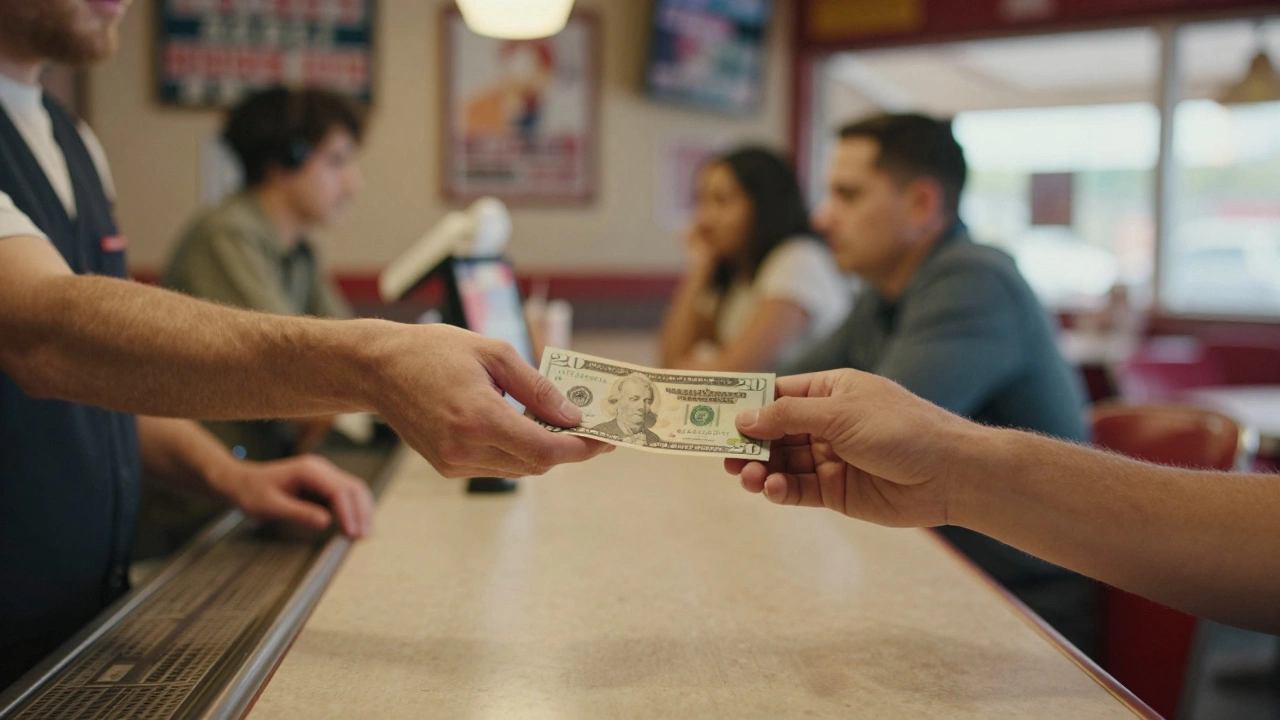 Hand passing a twenty-dollar bill during a casual transaction at a counter.