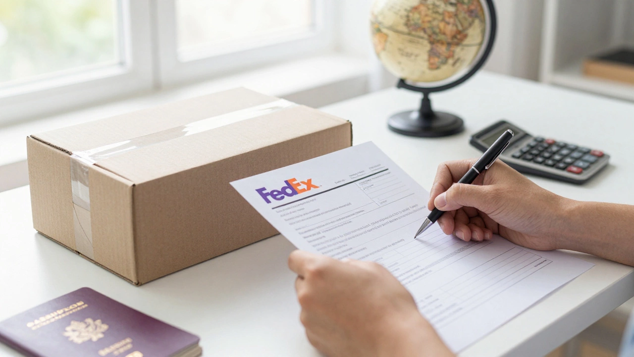 Hands filling out customs forms next to a sealed shipping box