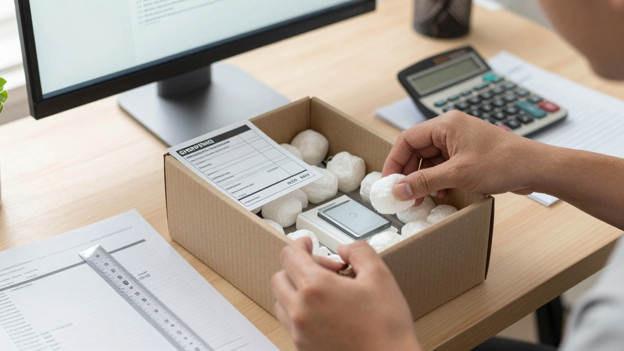 Hands packing a fragile item into a box with a ruler and shipping label nearby.