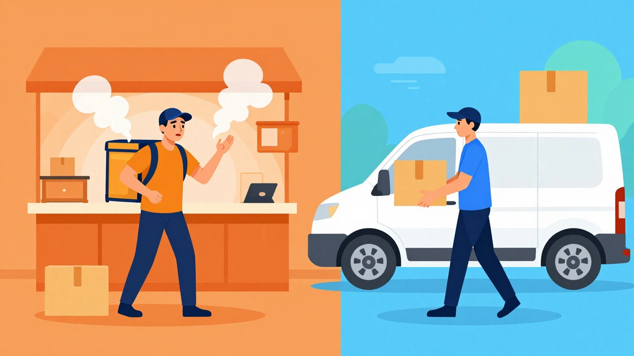 Illustration comparing chaotic food delivery vs efficient package logistics
