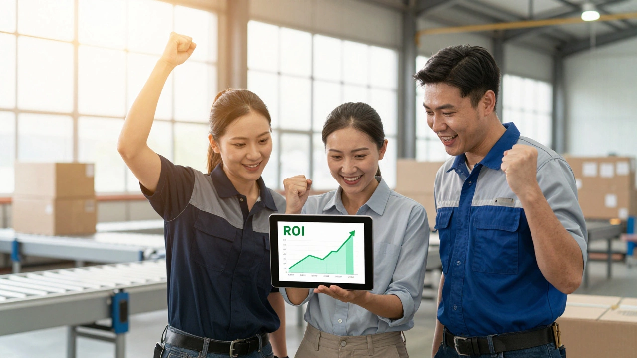 Logistics team reviewing positive ROI data on a tablet in a warehouse