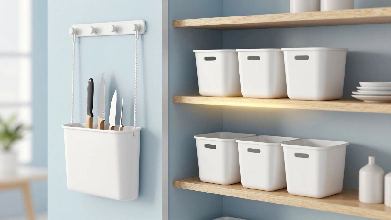 Minimalist home interior featuring vertical storage solutions and uniform labeled bins.