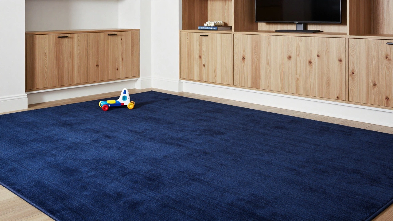 Navy blue area rug in a family room hiding wear and adding elegance.