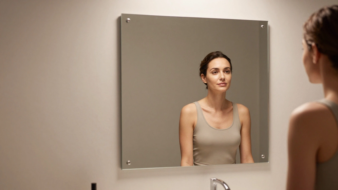 Person viewing clear, undistorted reflection in large vanity mirror