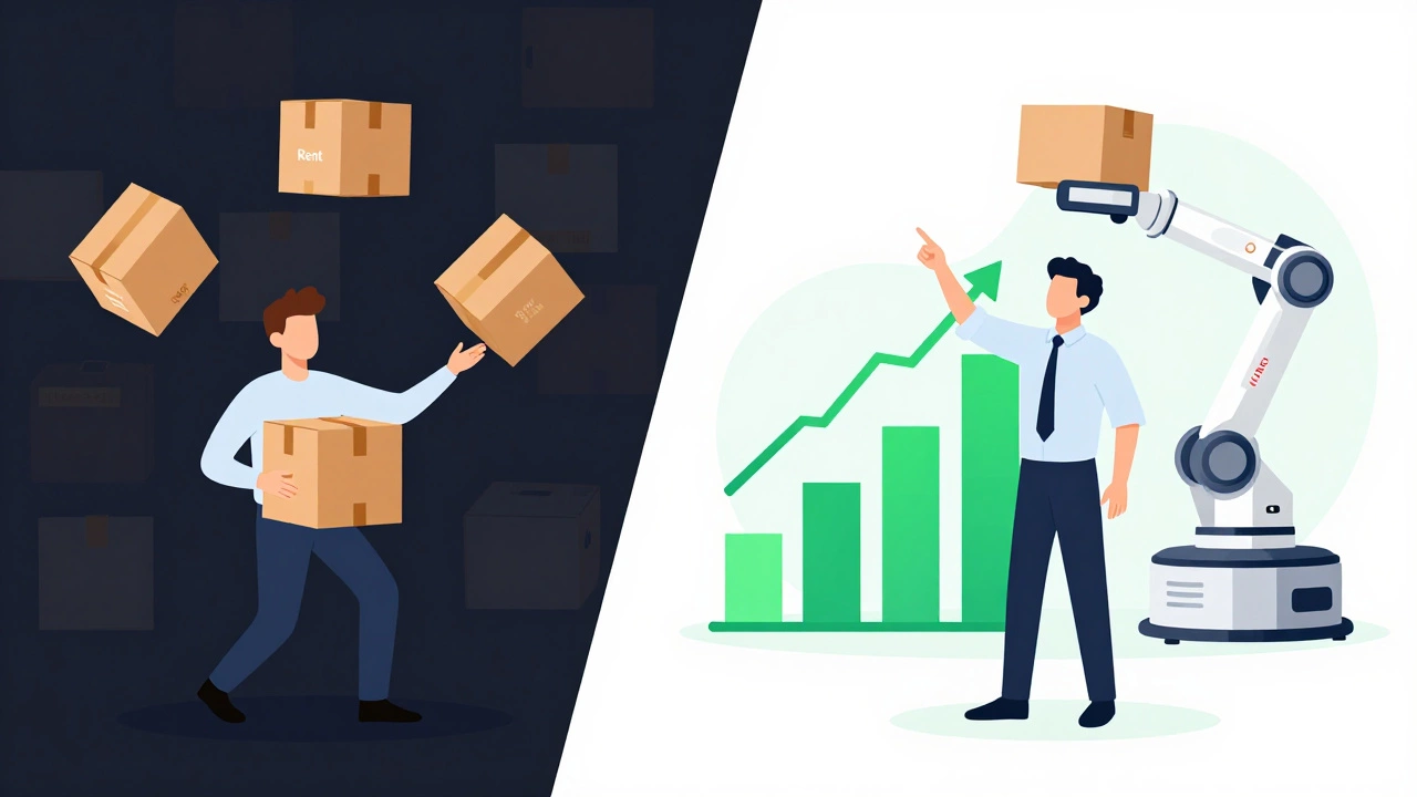 Split view contrasting chaotic in-house storage costs with efficient 3PL automation