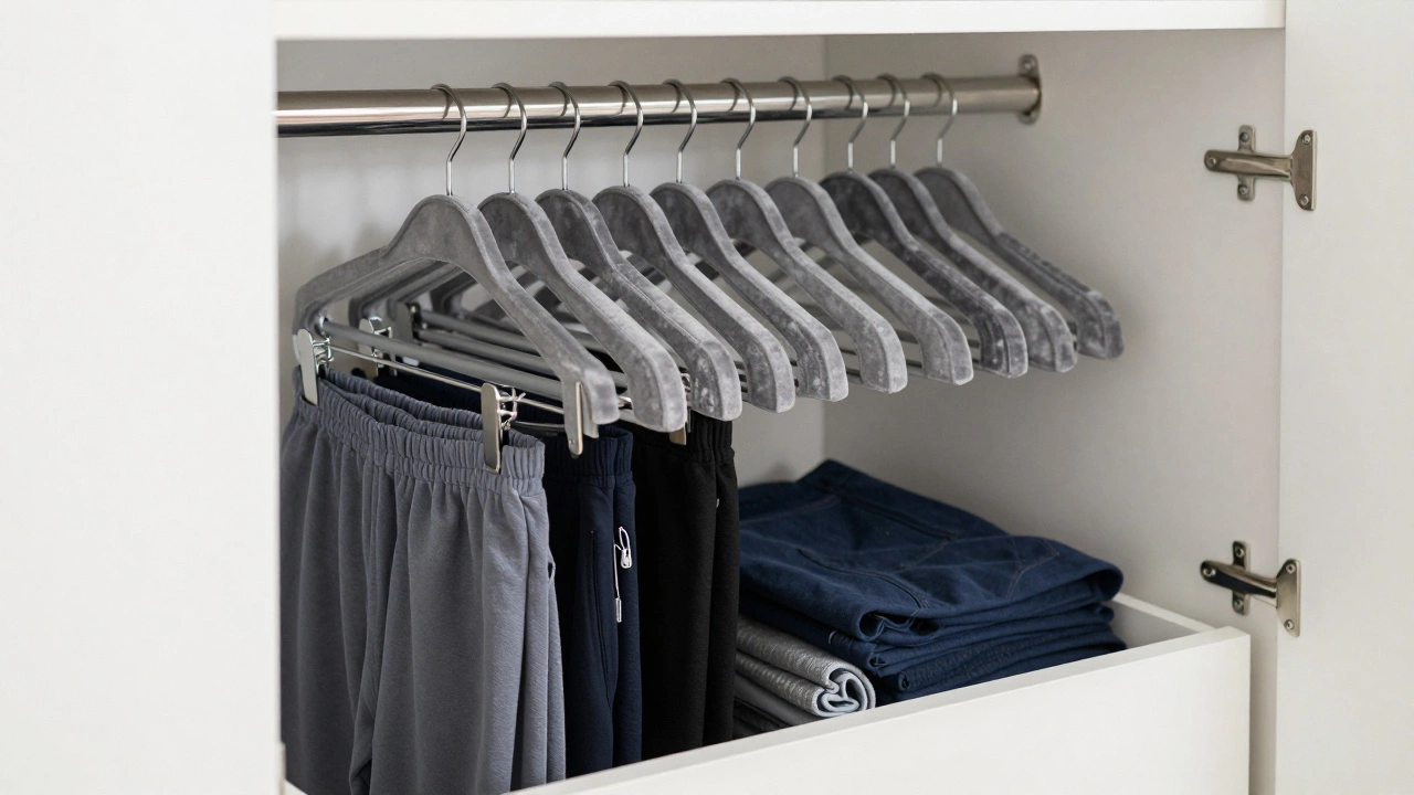 Velvet hangers and file-folded pants organizing a small closet