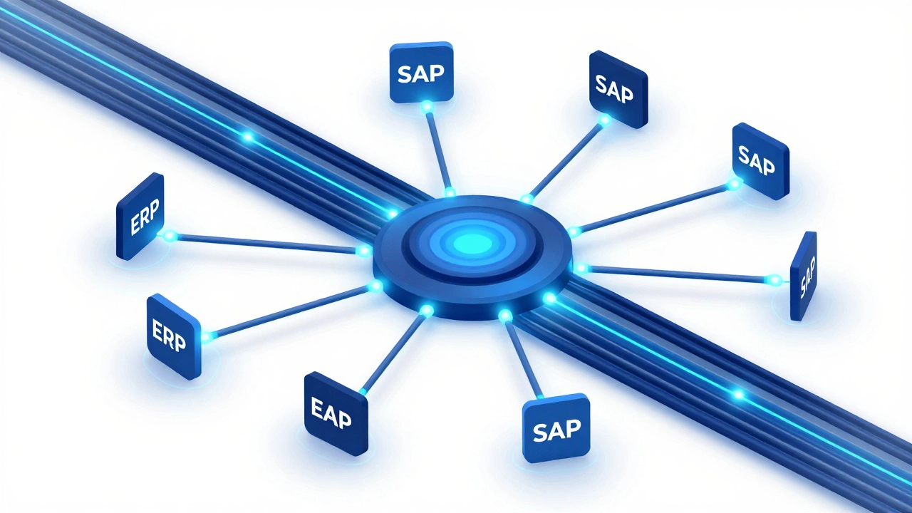 Abstract 3D visualization of connected enterprise software networks