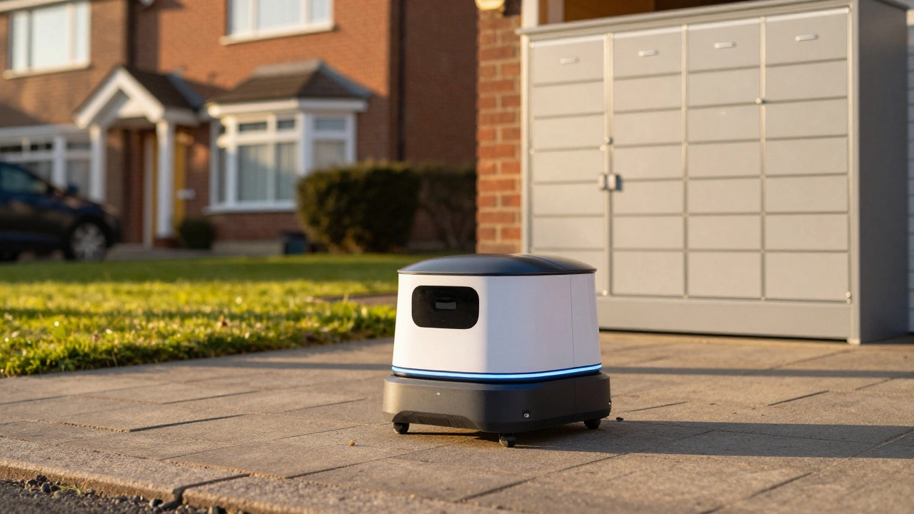 Autonomous delivery robot on a suburban sidewalk