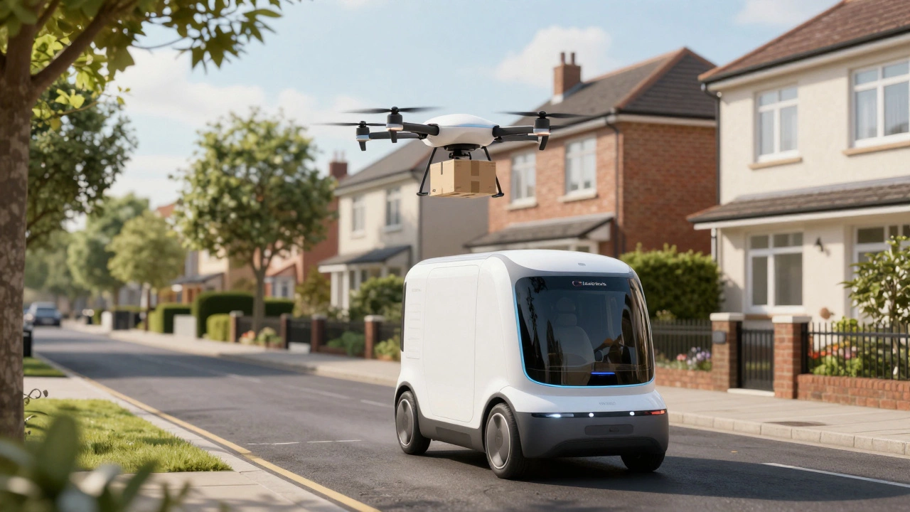 Autonomous vehicle and drone delivering packages in futuristic setting