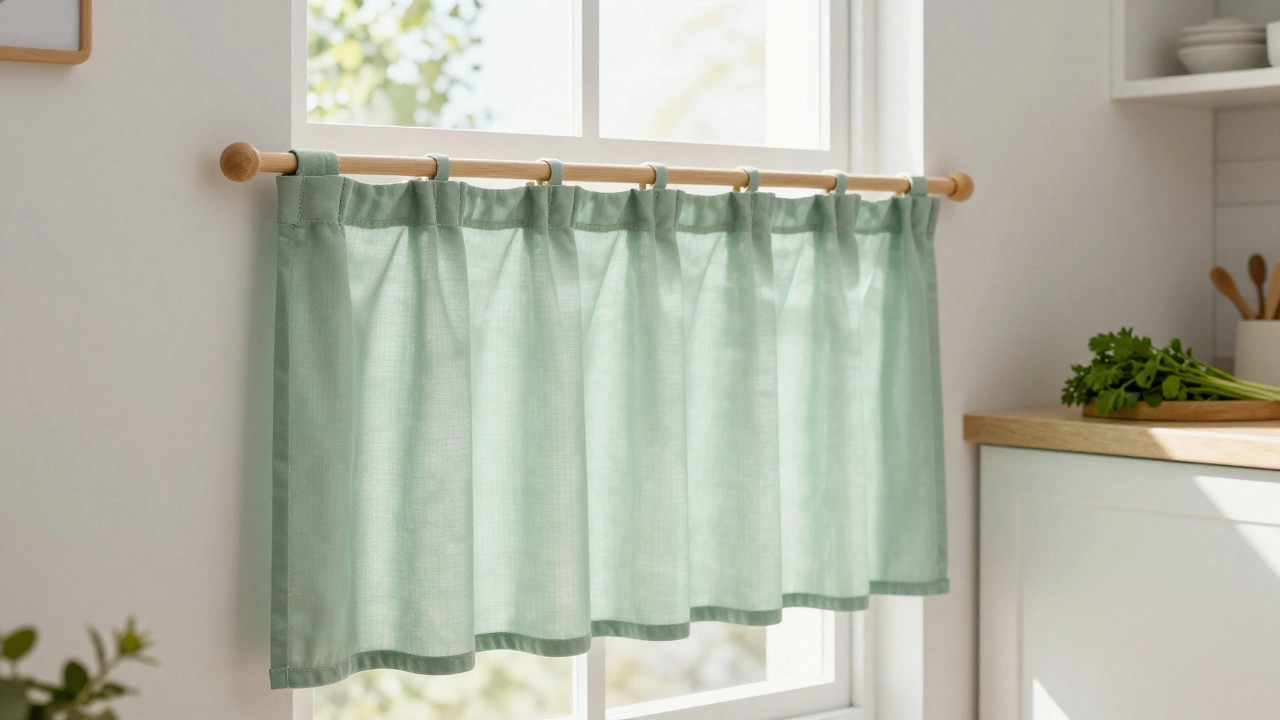 Cafe-style short curtains on a bright kitchen window letting in natural light