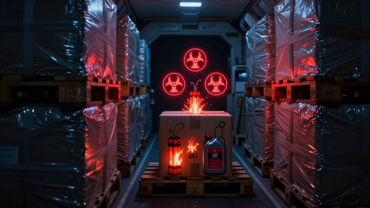 Cargo plane hold showing dangerous prohibited items posing fire risks during flight