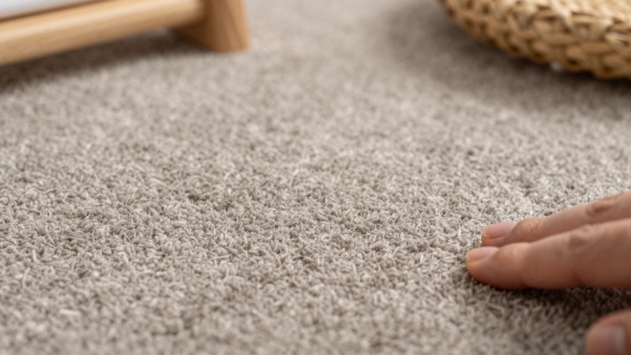 Close-up of textured greige carpet showing earthy undertones and fiber detail