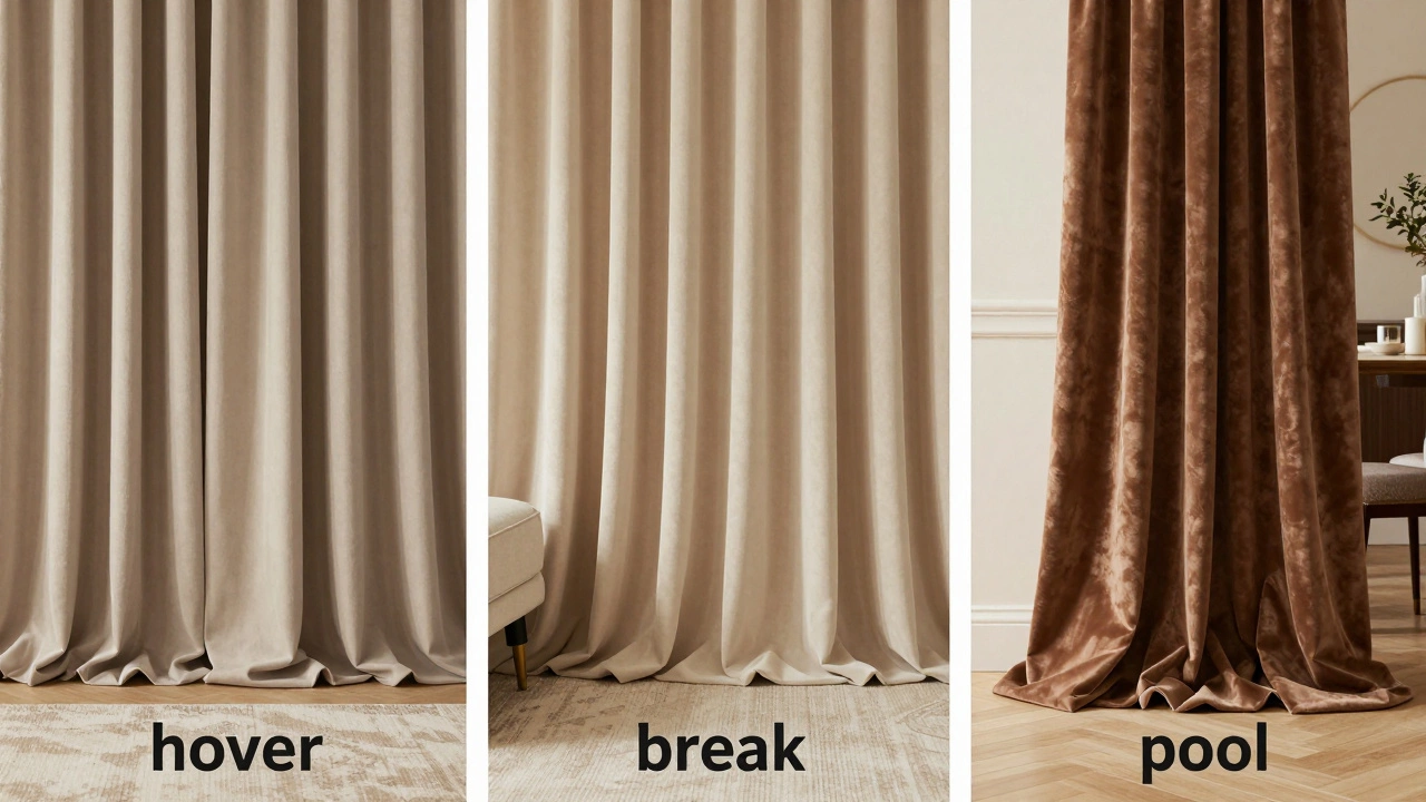 Comparison of hover, break, and pool curtain lengths in different room settings