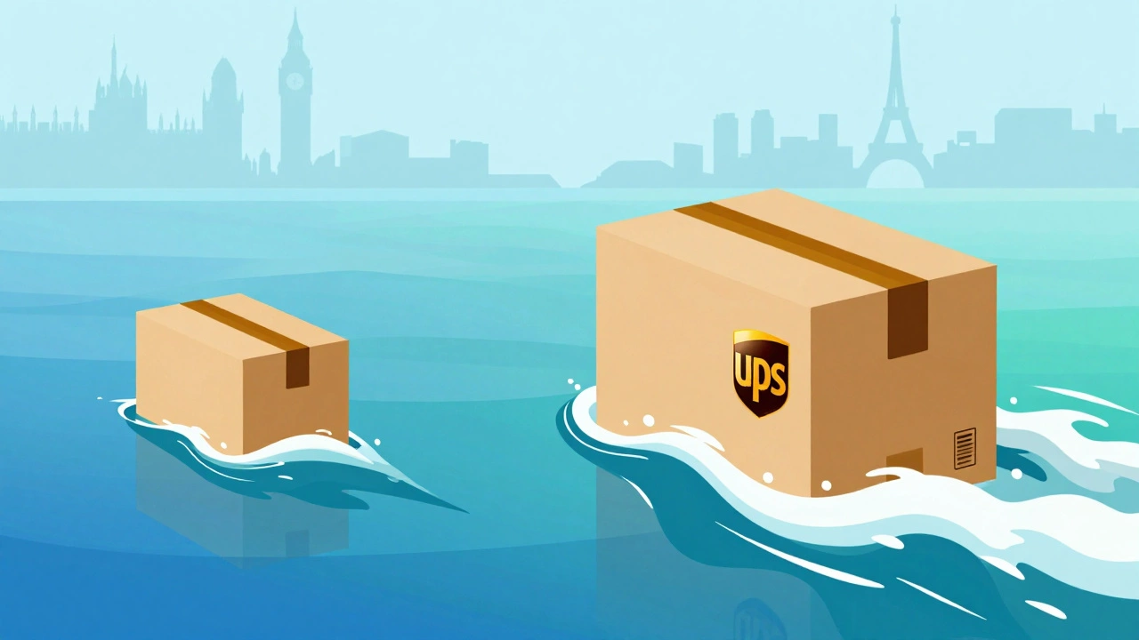 Conceptual art of two packages traveling across an ocean