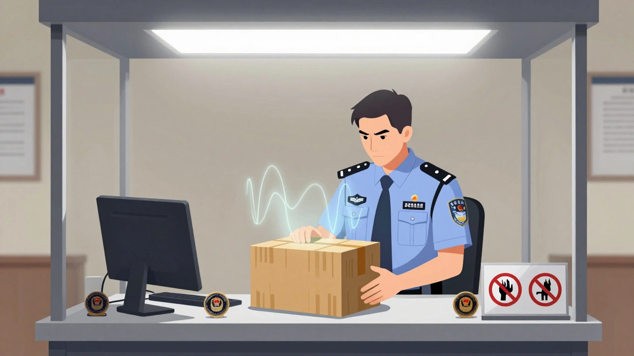 Customs officer inspecting a suspicious package for illegal or undeclared goods
