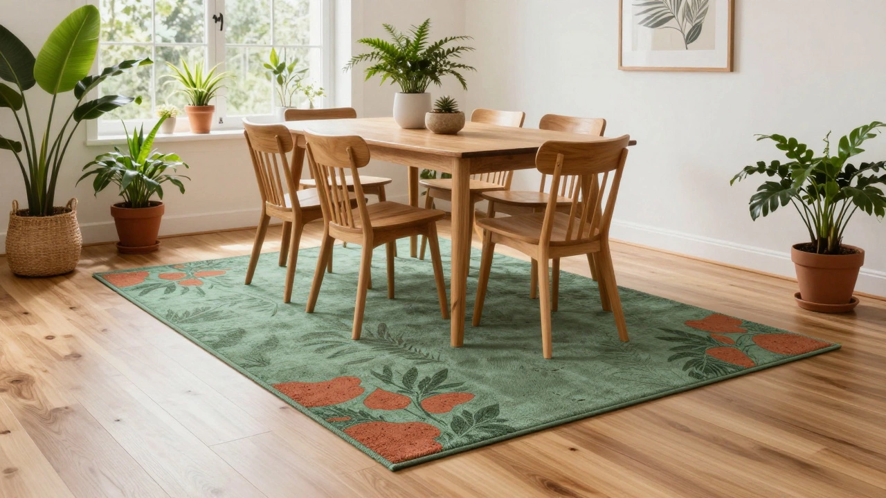 Dining area with moss green and terracotta area rug for biophilic design