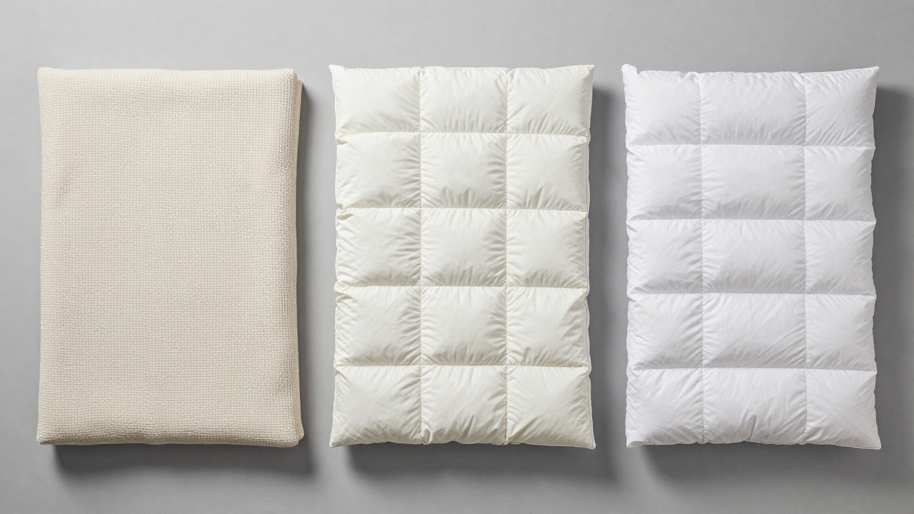Flat lay comparing cotton blanket, comforter, and duvet textures