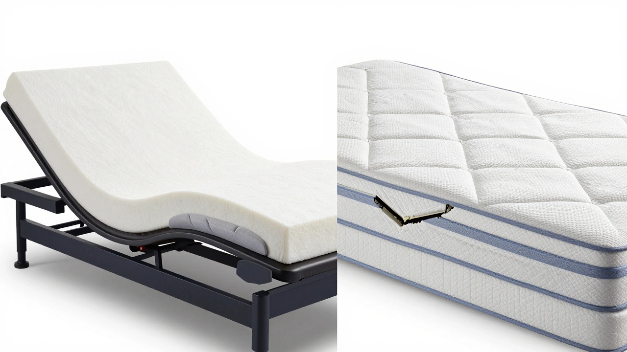 Flexible memory foam mattress bending correctly vs broken innerspring mattress on adjustable base