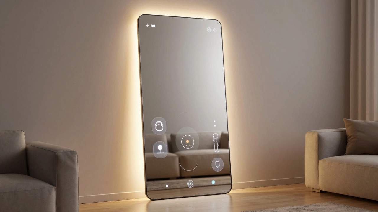 Futuristic smart mirror displaying AR overlays in a modern, minimalist home setting.