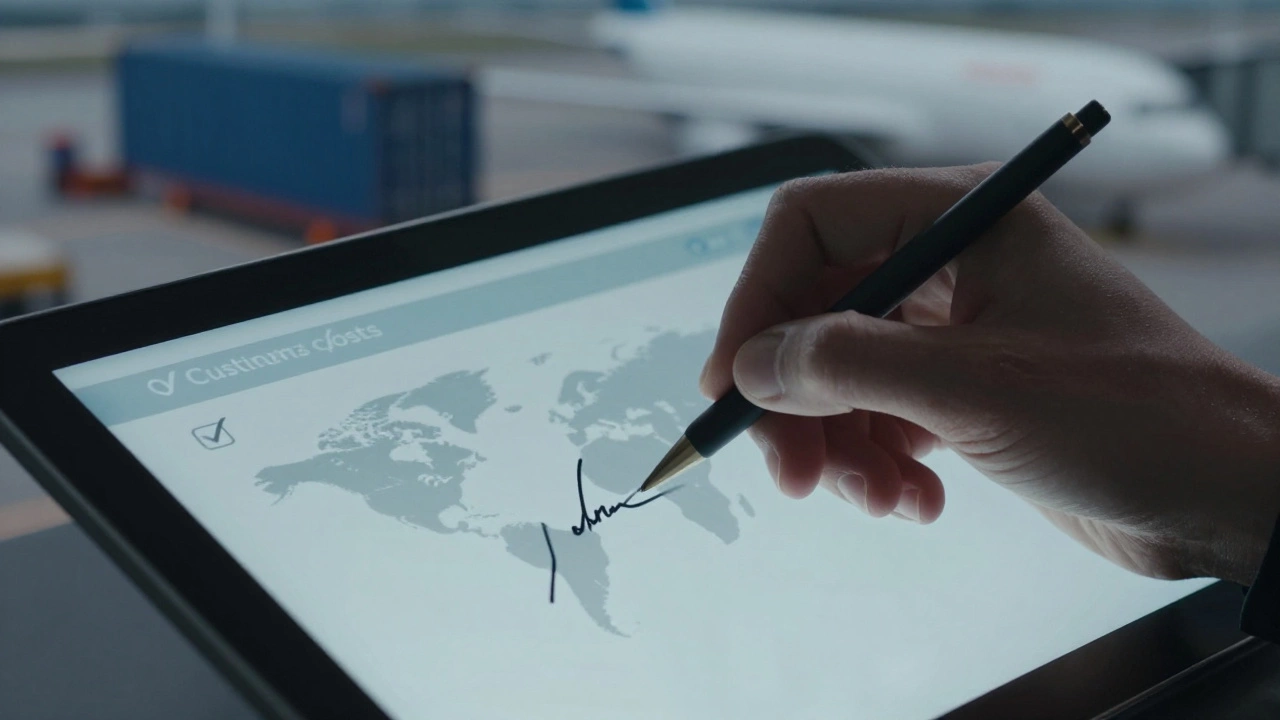 Hand signing a tablet for international customs clearance