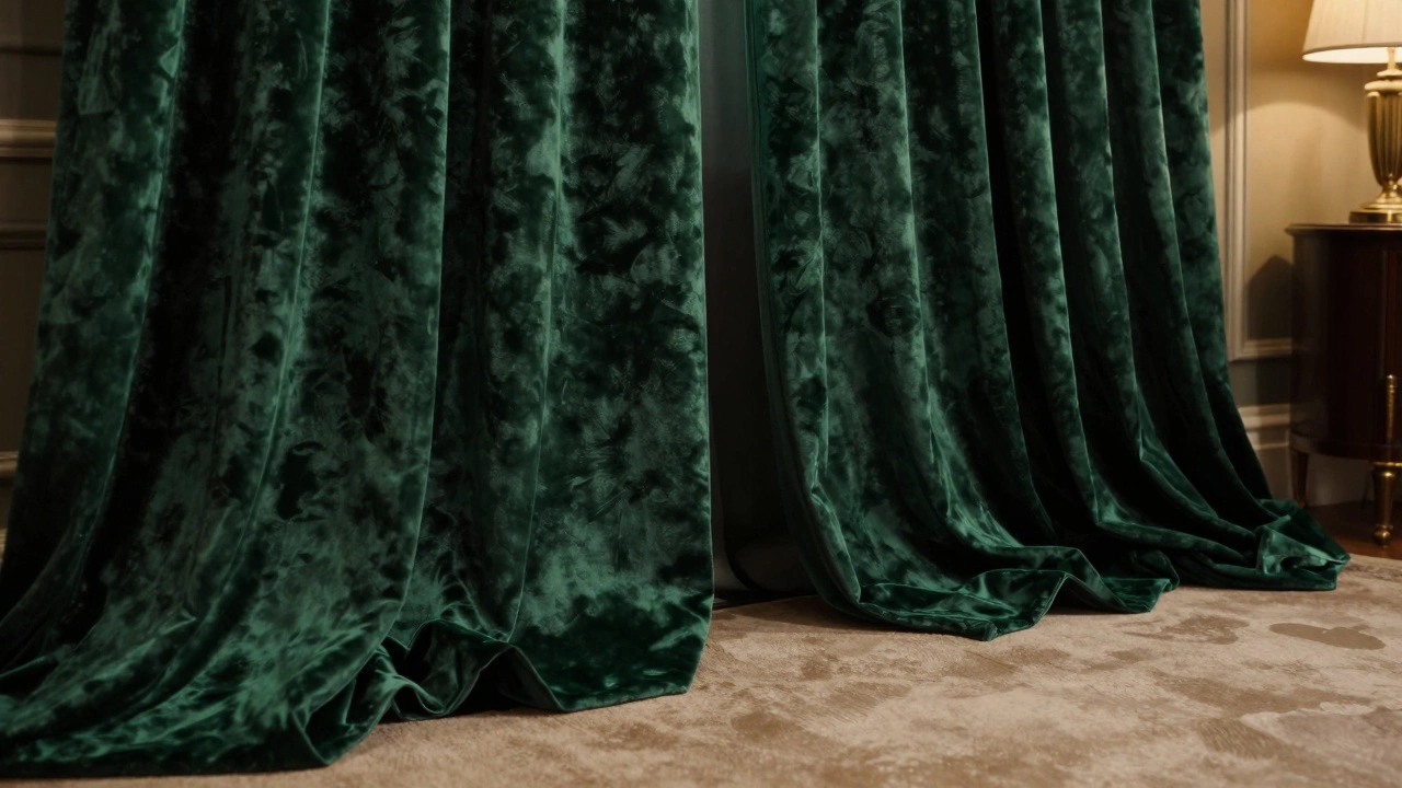 Heavy green velvet curtains pooling dramatically on the floor in a luxurious bedroom setting.