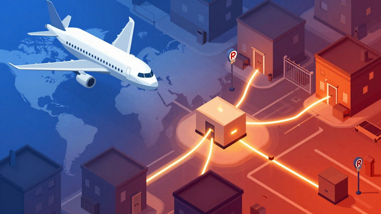 Illustration showing complex last-mile delivery routes vs air freight