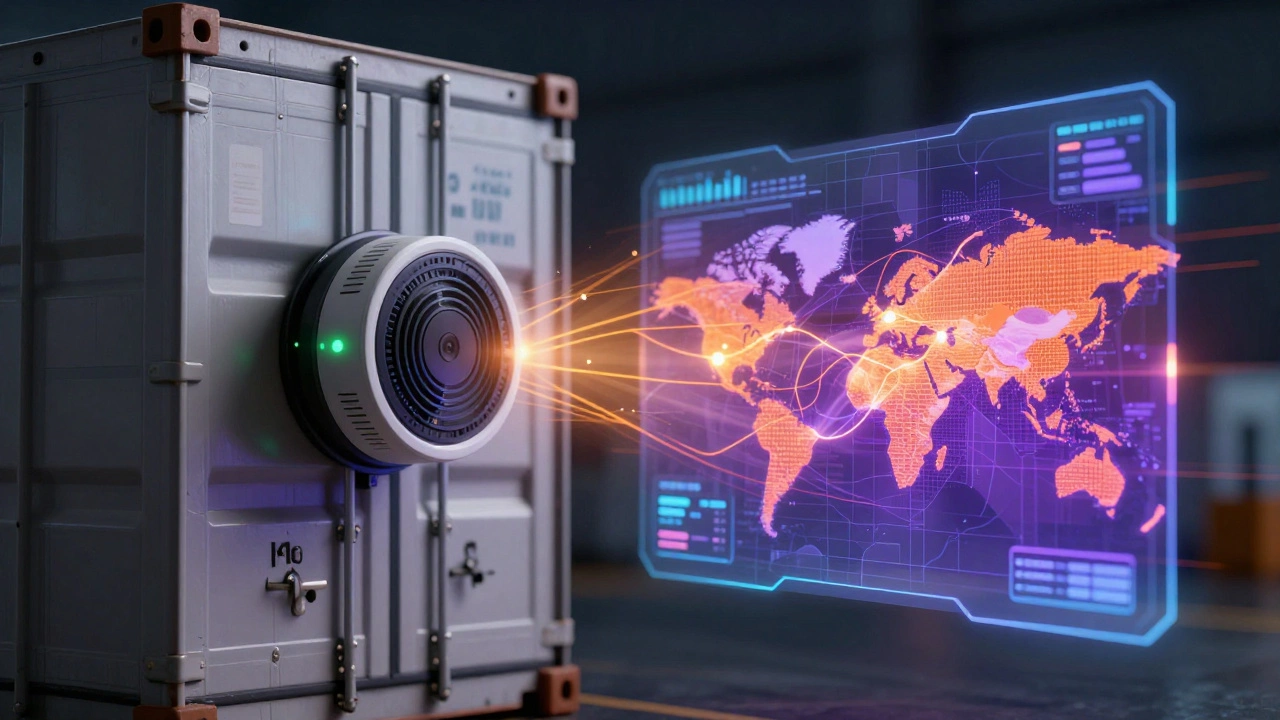 IoT sensor on cargo crate linked to holographic AI analytics map